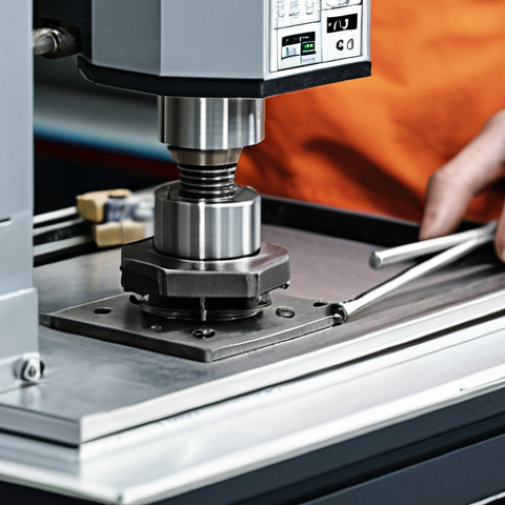 **

A close-up, detailed shot of a worker carefully assembling a machine component. The focus should be on precision and attention to detail. Tools are visible, along with a technical drawing (partially visible in the background). The setting is a modern factory floor. The lighting should be bright and focused on the work area.

**