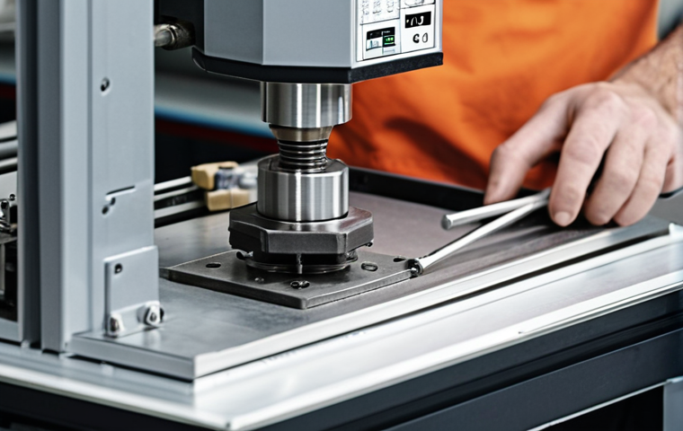 **

A close-up, detailed shot of a worker carefully assembling a machine component. The focus should be on precision and attention to detail. Tools are visible, along with a technical drawing (partially visible in the background). The setting is a modern factory floor. The lighting should be bright and focused on the work area.

**