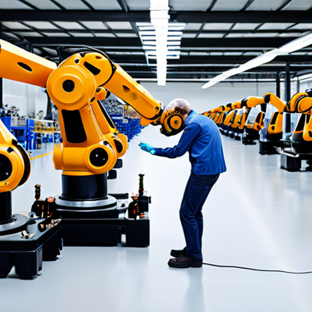 Collaborative Robot in a Factory**

Prompt: "A collaborative robot, or cobot, working alongside a human in a modern factory setting. The cobot is assembling small parts on an automotive assembly line while the worker inspects the parts. Focus on the harmony and efficiency of human-robot collaboration."

**