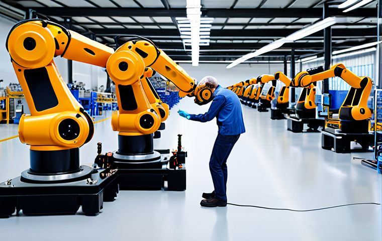Collaborative Robot in a Factory**
Prompt: "A collaborative robot, or cobot, working alongside a human in a modern factory setting. The cobot is assembling small parts on an automotive assembly line while the worker inspects the parts. Focus on the harmony and efficiency of human-robot collaboration."
**