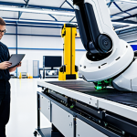 **Image Prompt:** A futuristic factory scene. Collaborative robots (cobots) work alongside human workers, assembling a complex product. One cobot uses advanced sensors to precisely place a component, while a worker monitors the process on a holographic display. In the background, automated guided vehicles (AGVs) transport materials. Focus on efficiency, collaboration, and advanced technology.