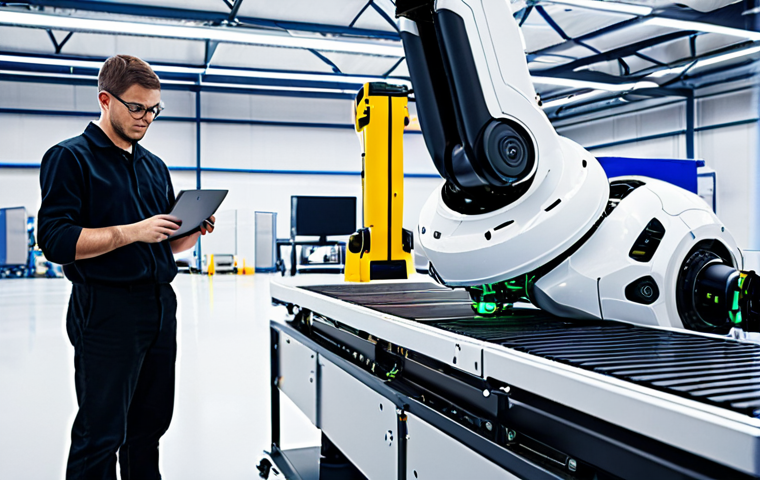 **Image Prompt:** A futuristic factory scene. Collaborative robots (cobots) work alongside human workers, assembling a complex product. One cobot uses advanced sensors to precisely place a component, while a worker monitors the process on a holographic display. In the background, automated guided vehicles (AGVs) transport materials. Focus on efficiency, collaboration, and advanced technology.