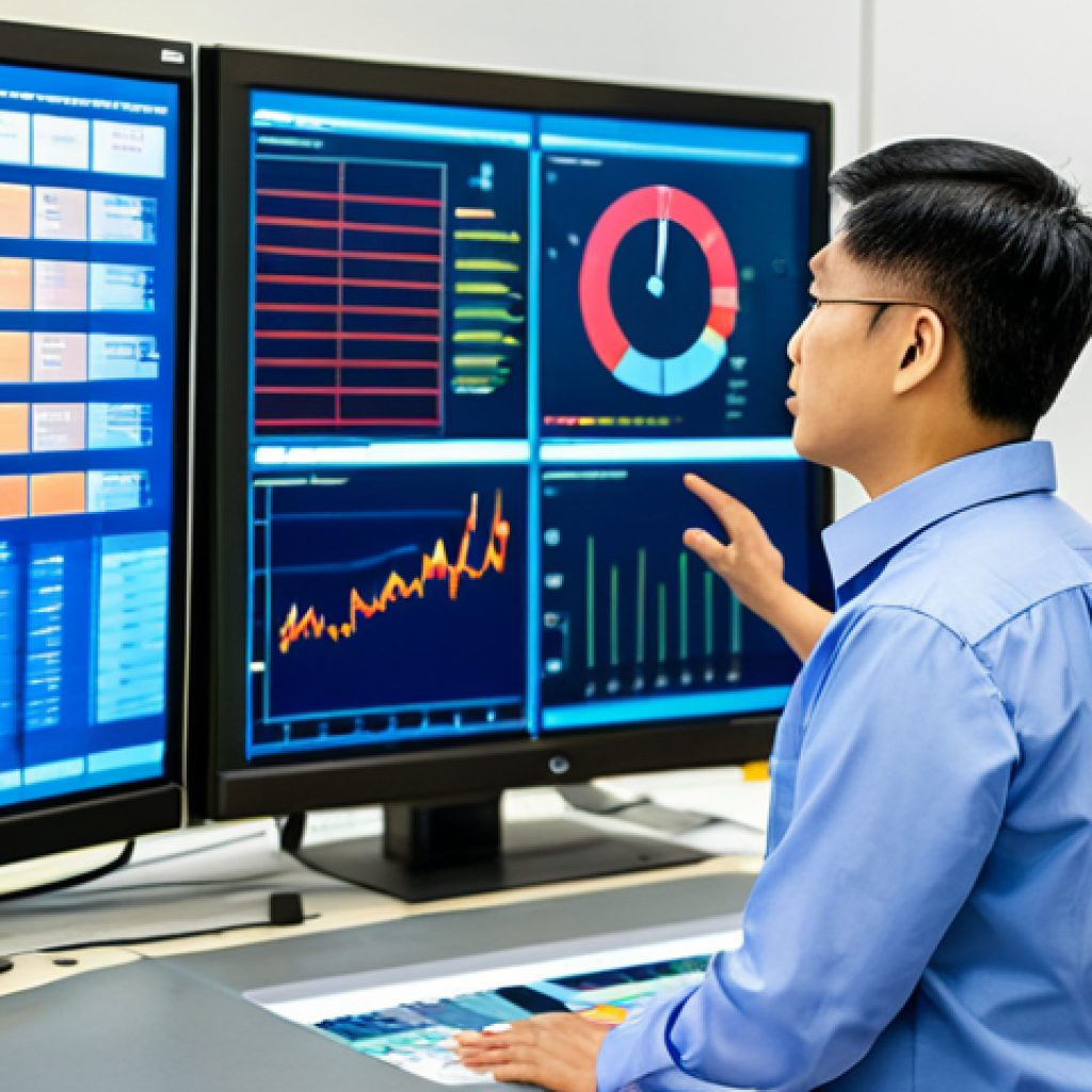 A professional Vietnamese male manager in a modest collared shirt, stands confidently in a modern, brightly lit smart factory control room. He is looking at a large wall-mounted screen displaying real-time production data, analytics, and a dashboard of an MES/ERP system. Advanced machinery and assembly lines are visible in the background, out of focus. The scene emphasizes data-driven decision-making and efficient management. Perfect anatomy, correct proportions, natural pose, well-formed hands, proper finger count. The image is a professional photograph, high-quality, safe for work, appropriate content, fully clothed, professional, family-friendly.