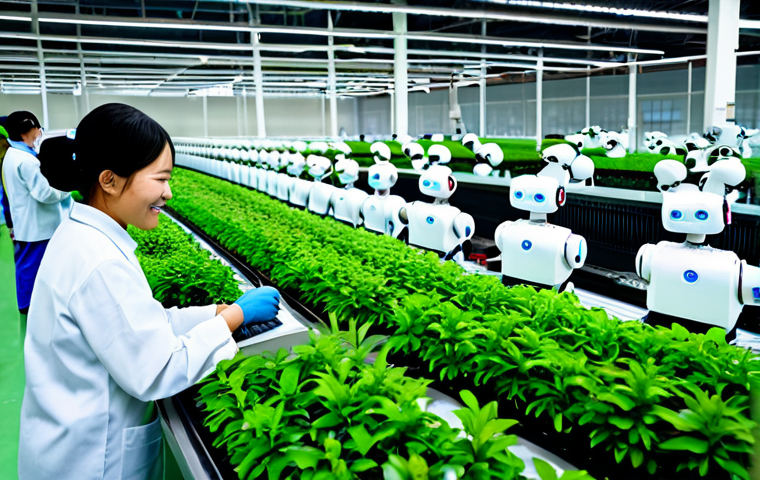 The Harmonious Workplace**
"A brightly lit, modern factory floor in Vietnam, showcasing a mix of human workers and collaborative robots assembling precision parts. Workers wear clean, safe uniforms and are smiling, interacting with the robots. Lush greenery adorns the space. The overall atmosphere is one of innovation, collaboration, and safety. Focus on perfect lighting, realistic textures, and natural human expressions. Ensure safe for work, appropriate content, fully clothed, professional, modest, family-friendly.
**