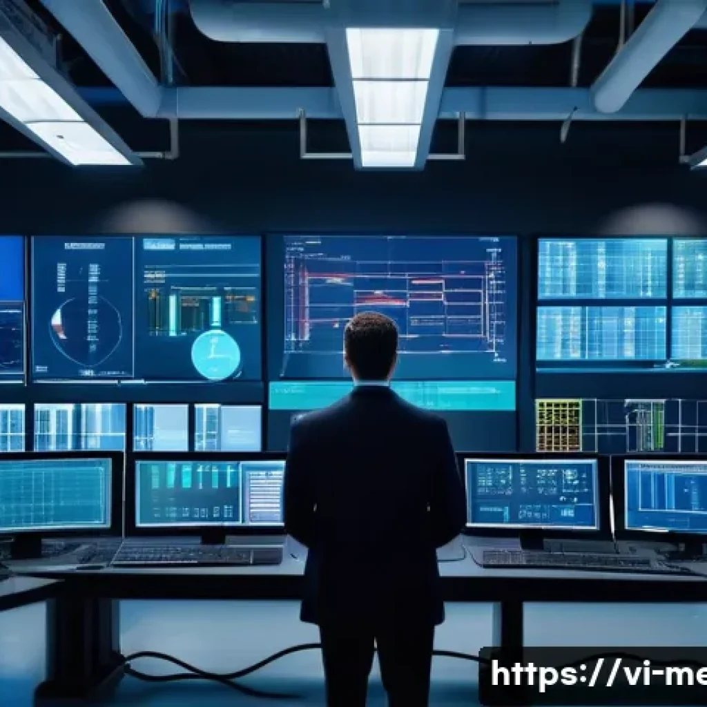 기계공학 기계제어이론 - A modern industrial factory control room with multiple large screens displaying real-time data from ...