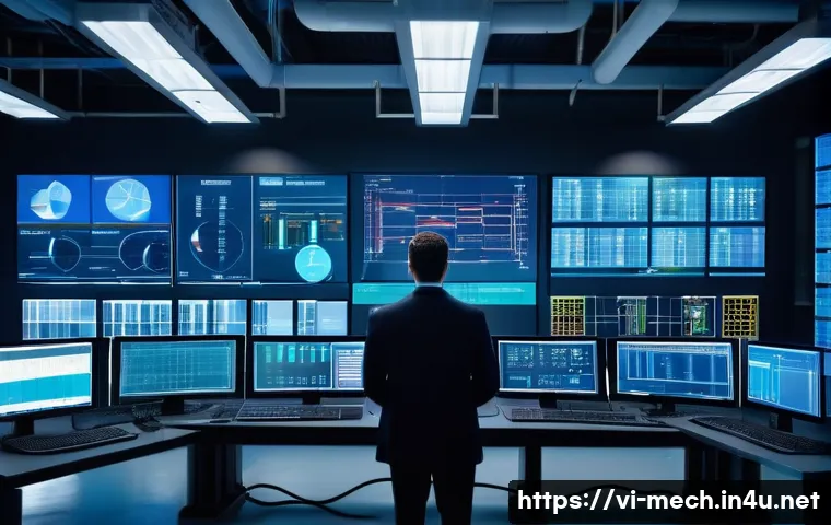 기계공학 기계제어이론 - A modern industrial factory control room with multiple large screens displaying real-time data from ...