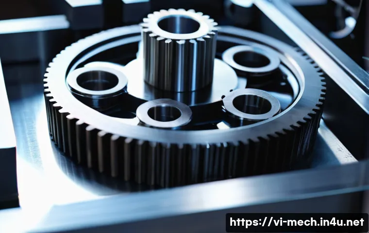 기계공학 기계시스템구성 - A detailed close-up of a complex industrial gear system inside a plastic injection molding machine, ...