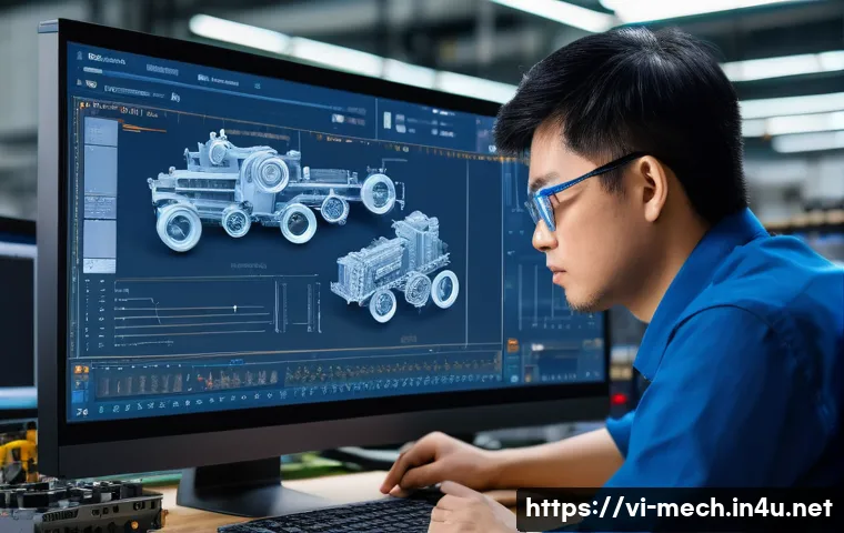 기계공학 기계시스템설계 - A detailed industrial mechanical system design workspace featuring a Vietnamese engineer in safety g...