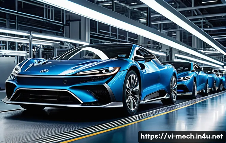 기계공학 컴포지트재료 - A futuristic automotive assembly line in Vietnam featuring lightweight composite car body panels mad...