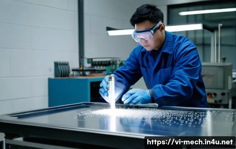기계공학 기계공학실험 - A detailed laboratory scene showing a technician performing Brinell hardness testing on a steel samp...