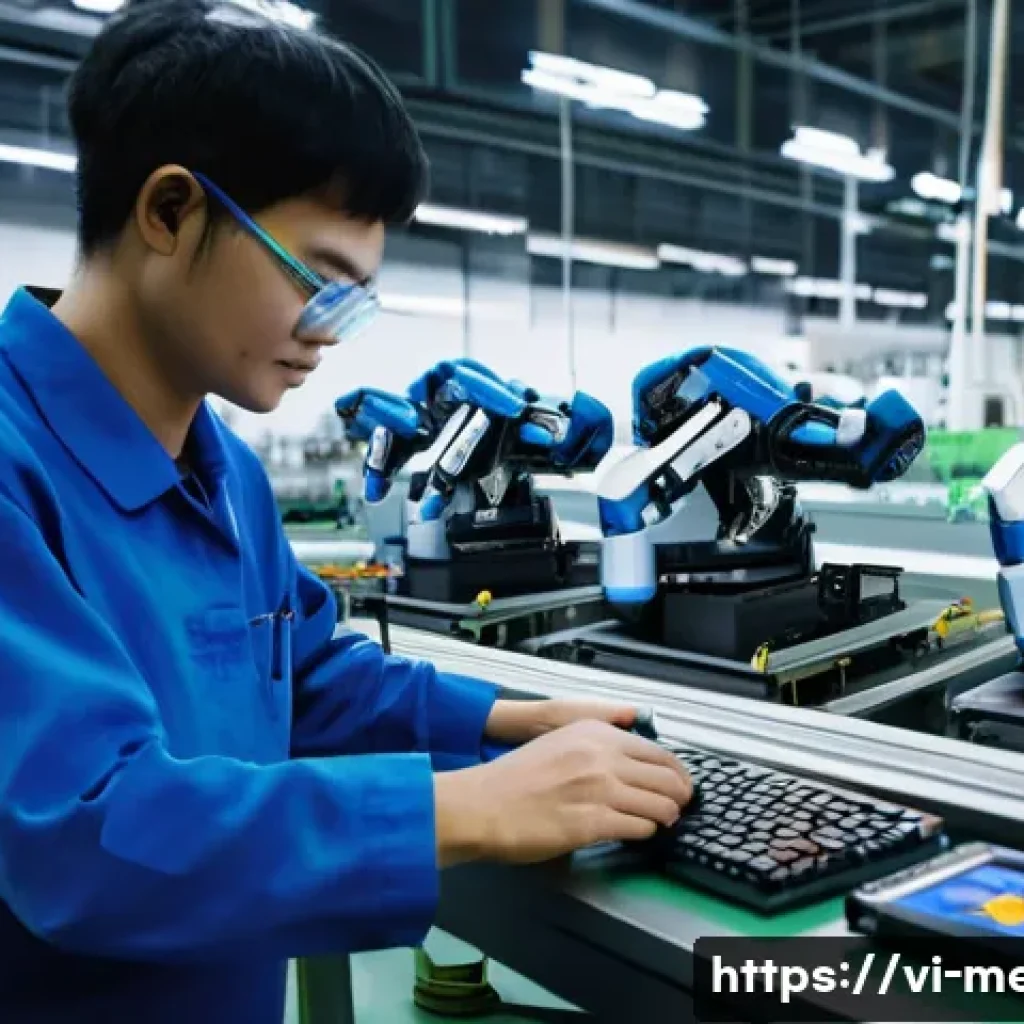 기계공학 로봇시스템개발 - A highly detailed industrial factory scene showcasing a flexible robotic arm assembling small electr...