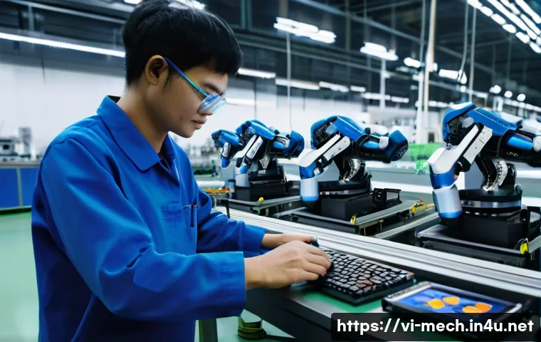 기계공학 로봇시스템개발 - A highly detailed industrial factory scene showcasing a flexible robotic arm assembling small electr...