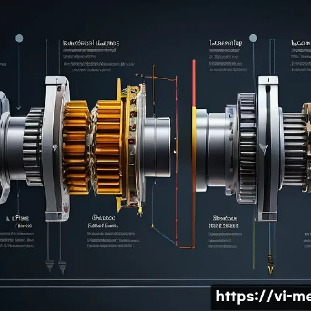 기계공학 동역학 - A highly detailed cross-sectional illustration of a mechanical gear system in motion, showing forces...