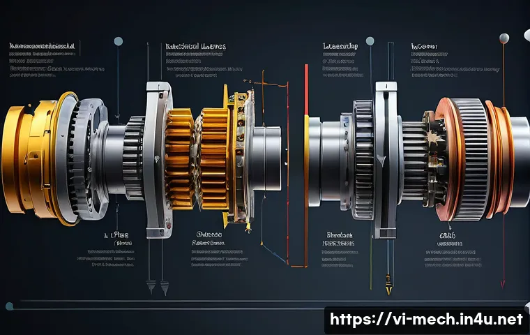 기계공학 동역학 - A highly detailed cross-sectional illustration of a mechanical gear system in motion, showing forces...
