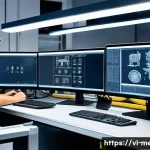 Home 22 기계공학 기계공학연구 - A modern mechanical engineering workshop featuring engineers working on advanced CAD software displa...