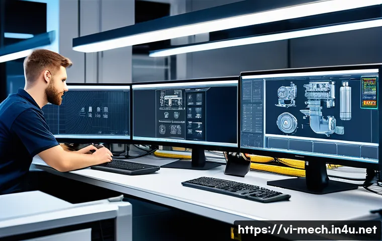 기계공학 기계공학연구 - A modern mechanical engineering workshop featuring engineers working on advanced CAD software displa...