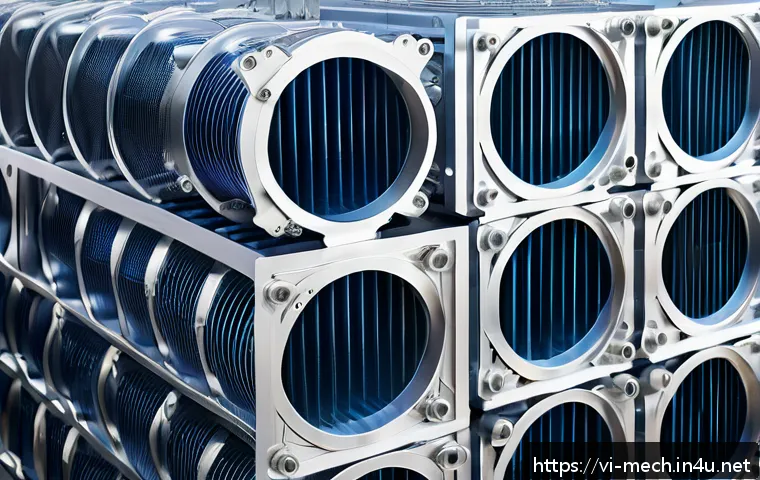 기계공학 열효율 - A highly detailed industrial heat exchanger made of aluminum alloy with intricate thin cooling fins ...