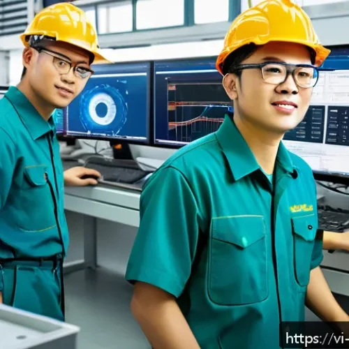 Home 31 기계공학 컴퓨터응용설계 - A modern Vietnamese mechanical engineering workshop featuring engineers working collaboratively on 3...