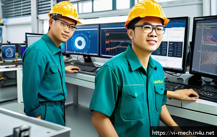 기계공학 컴퓨터응용설계 - A modern Vietnamese mechanical engineering workshop featuring engineers working collaboratively on 3...