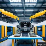 Home 18 기계공학 항공기기계설계 - A modern aircraft manufacturing factory interior featuring advanced robotic arms assembling airplane...
