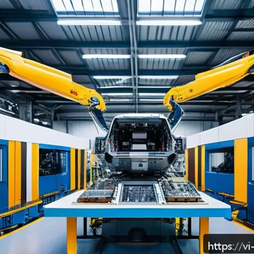 Home 30 기계공학 항공기기계설계 - A modern aircraft manufacturing factory interior featuring advanced robotic arms assembling airplane...