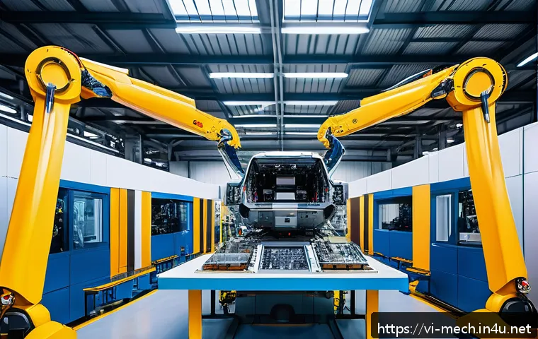 기계공학 항공기기계설계 - A modern aircraft manufacturing factory interior featuring advanced robotic arms assembling airplane...